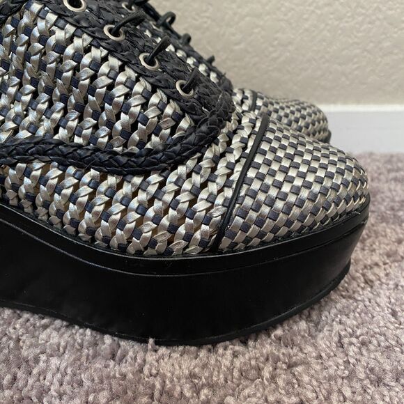 SCHUTZ Black and Silver Woven Lace Up Wedge Platform Sandals Size 6 - Picture 6 of 16